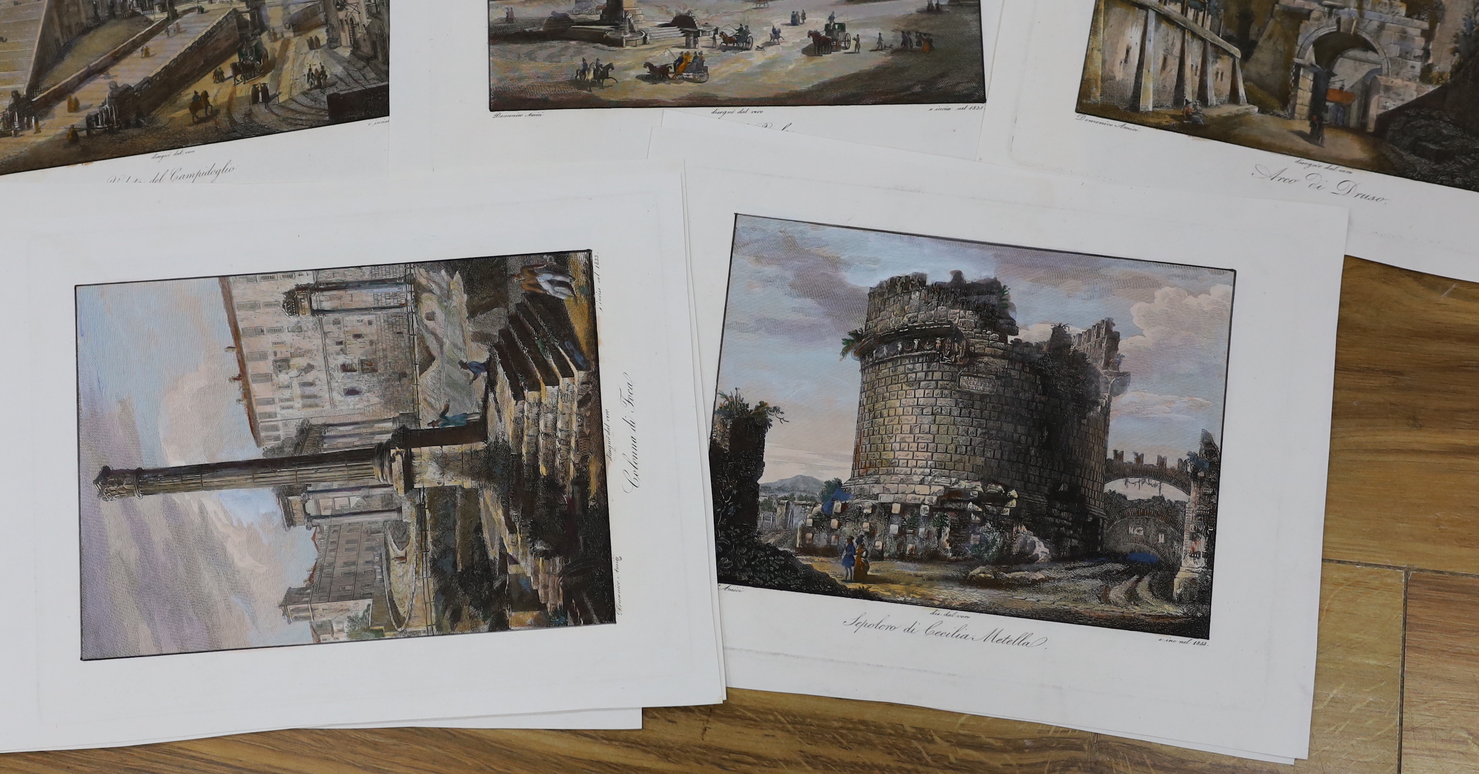 After Domenico Amici (Italian, b.1808), set of sixteen hand-coloured copper engravings, Italian monuments, each 33 x 25cm, unframed, housed in a leather wallet